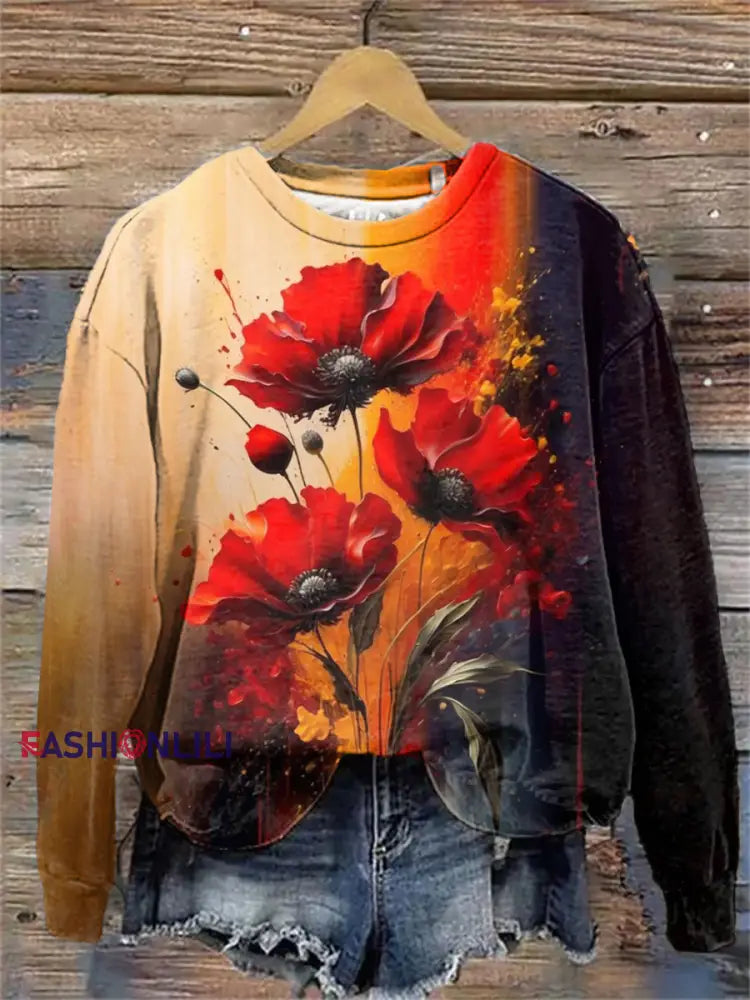 Women’s Remembrance Day Poppy Floral Printed Sweatshirt As picture / S