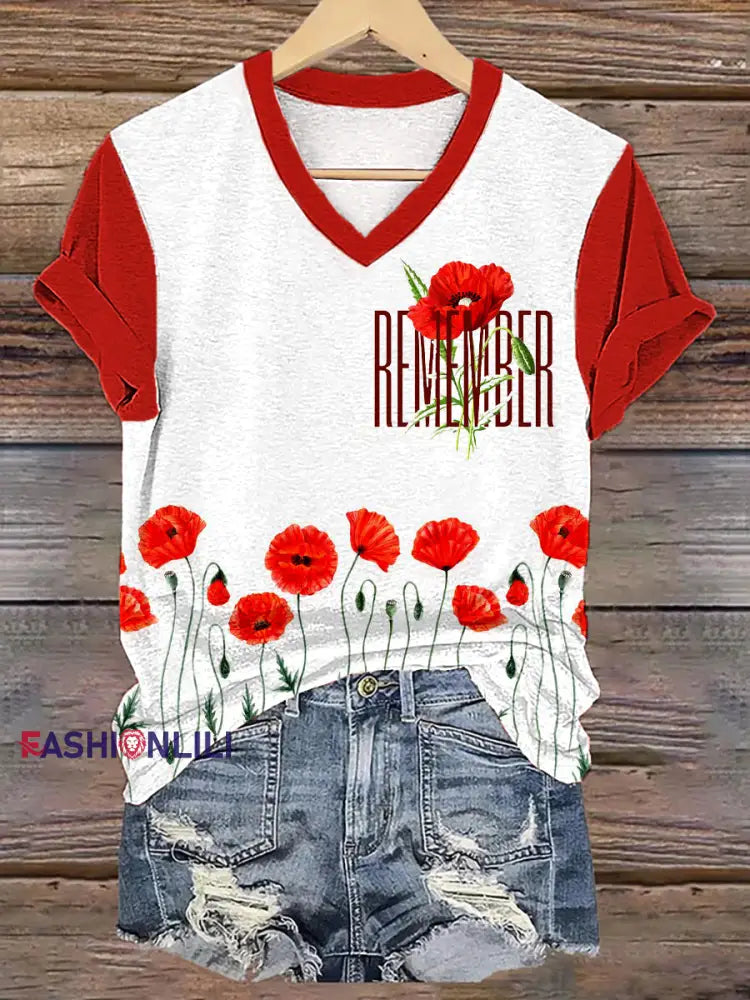 Women’s Remembrance Day Poppy Floral Printed T-shirt As picture / S