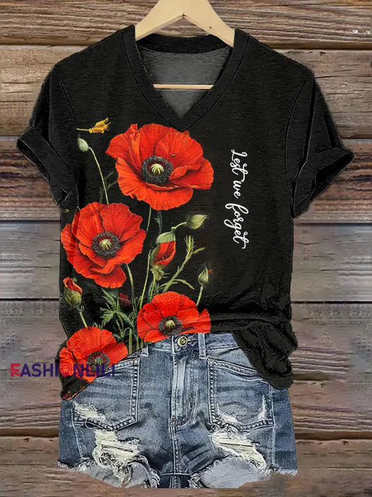 Women’s Remembrance Day Poppy Floral Printed T-shirt Black / S