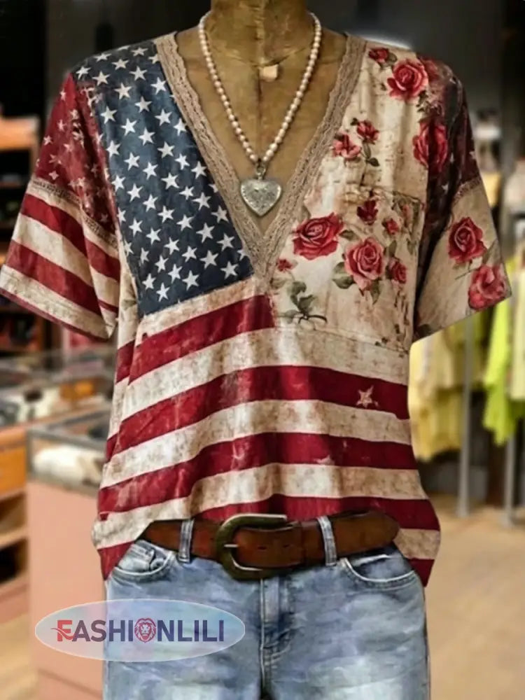 Women’s Retro American Flag Print V-Neck Cotton Top - As picture / S