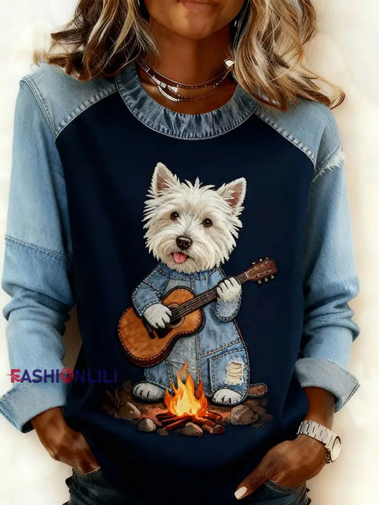 Women’s Retro Animal Art Print Comfortable Denim Patchwork Sweatshirt A / S