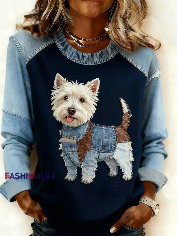 Women’s Retro Animal Art Print Comfortable Denim Patchwork Sweatshirt A / S