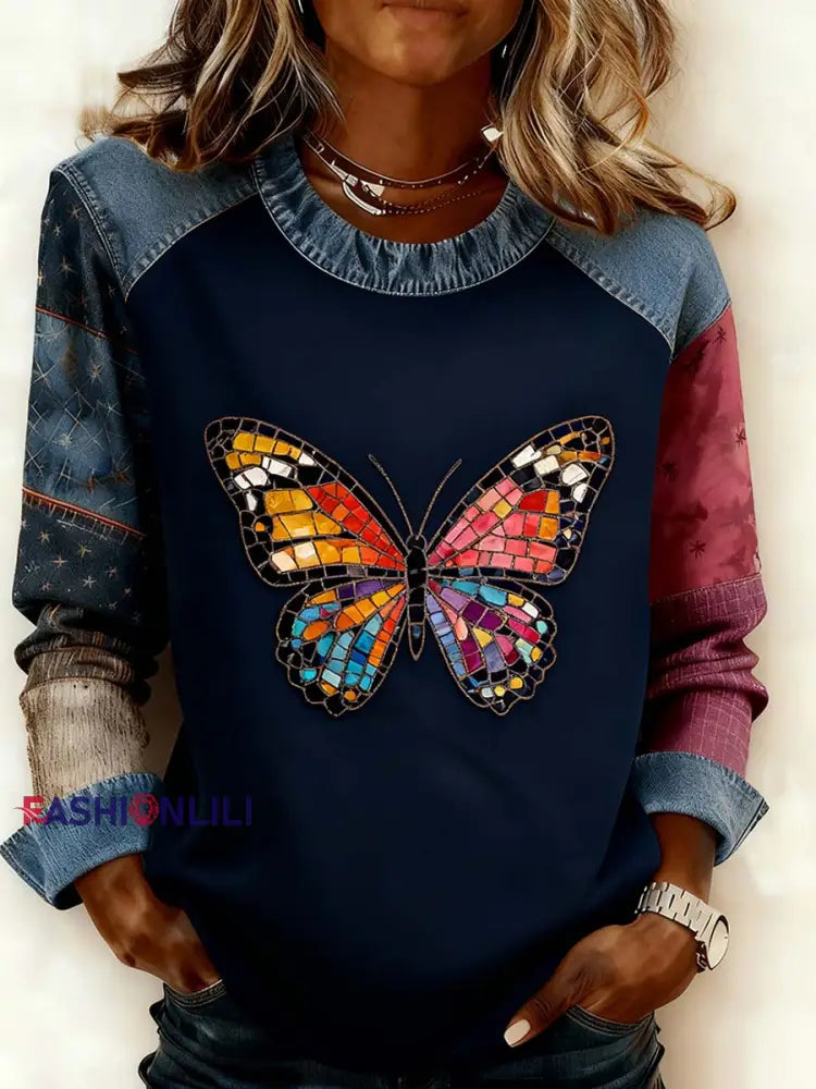 Women’s Retro Animal Art Print Comfortable Denim Patchwork Sweatshirt A / S