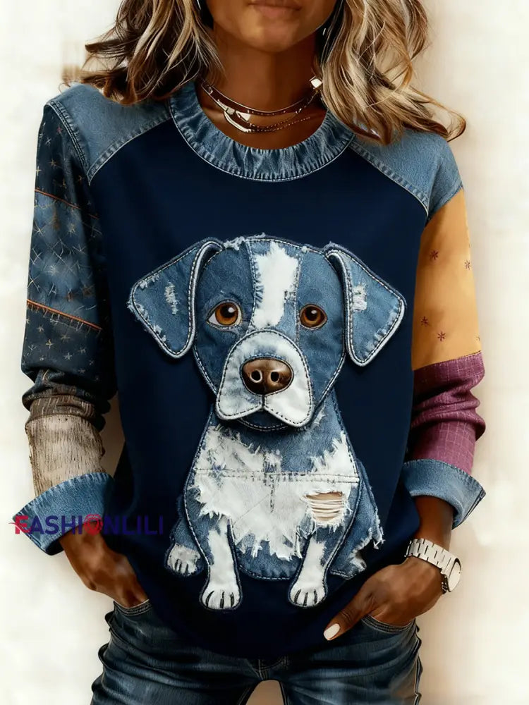 Women’s Retro Animal Art Print Comfortable Denim Patchwork Sweatshirt A / S