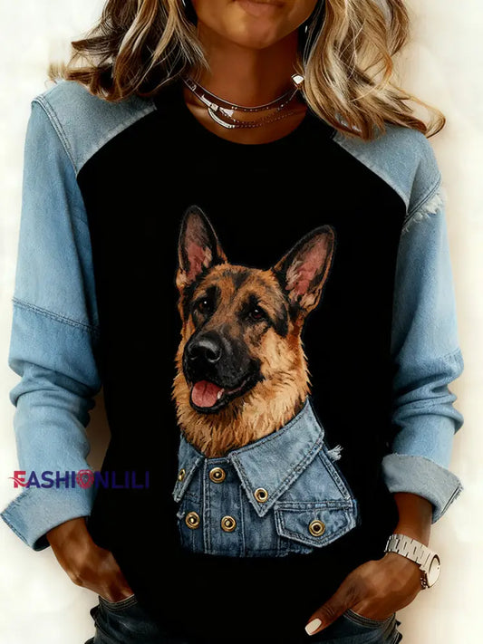 Women’s Retro Animal Art Print Comfortable Denim Patchwork Sweatshirt A / S