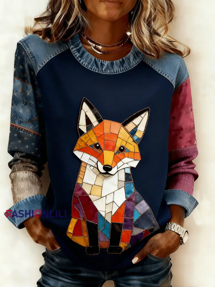 Women’s Retro Animal Art Print Comfortable Denim Patchwork Sweatshirt A / S