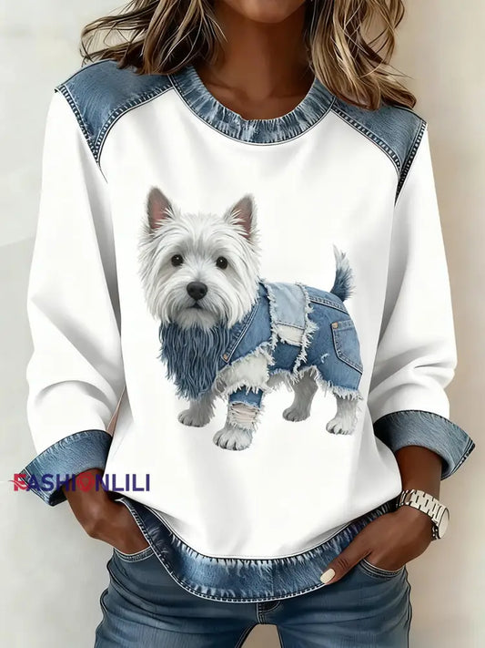 Women’s Retro Animal Art Print Comfortable Denim Patchwork Sweatshirt A / S
