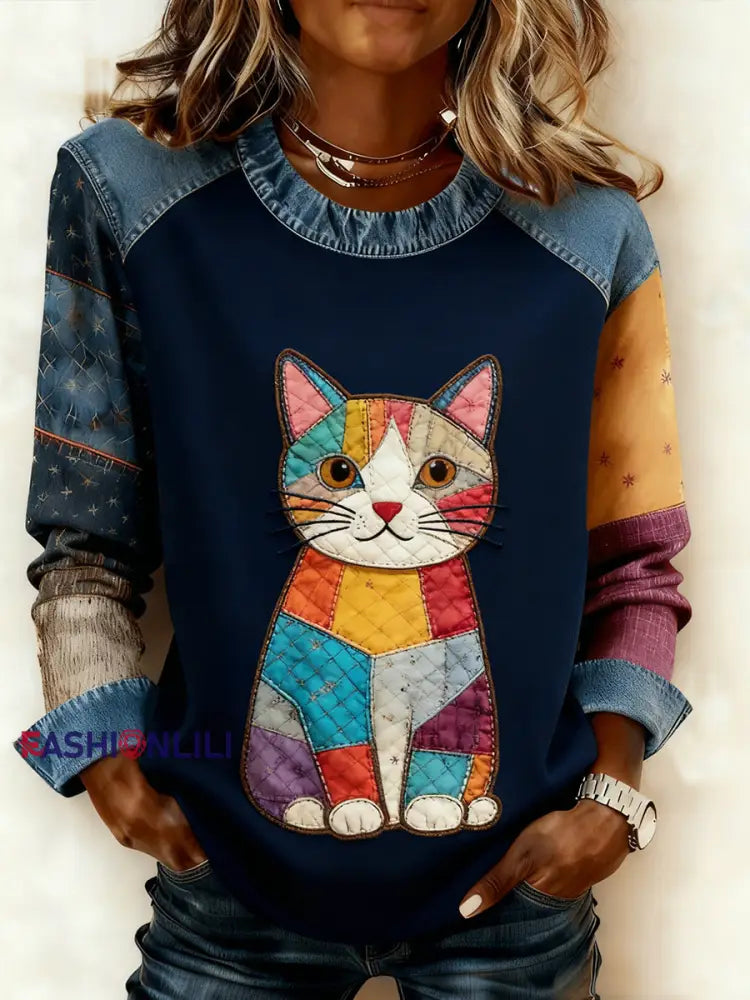 Women’s Retro Animal Art Print Comfortable Denim Patchwork Sweatshirt A / S