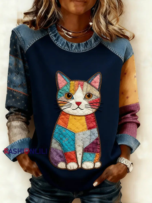 Women’s Retro Animal Art Print Comfortable Denim Patchwork Sweatshirt A / S