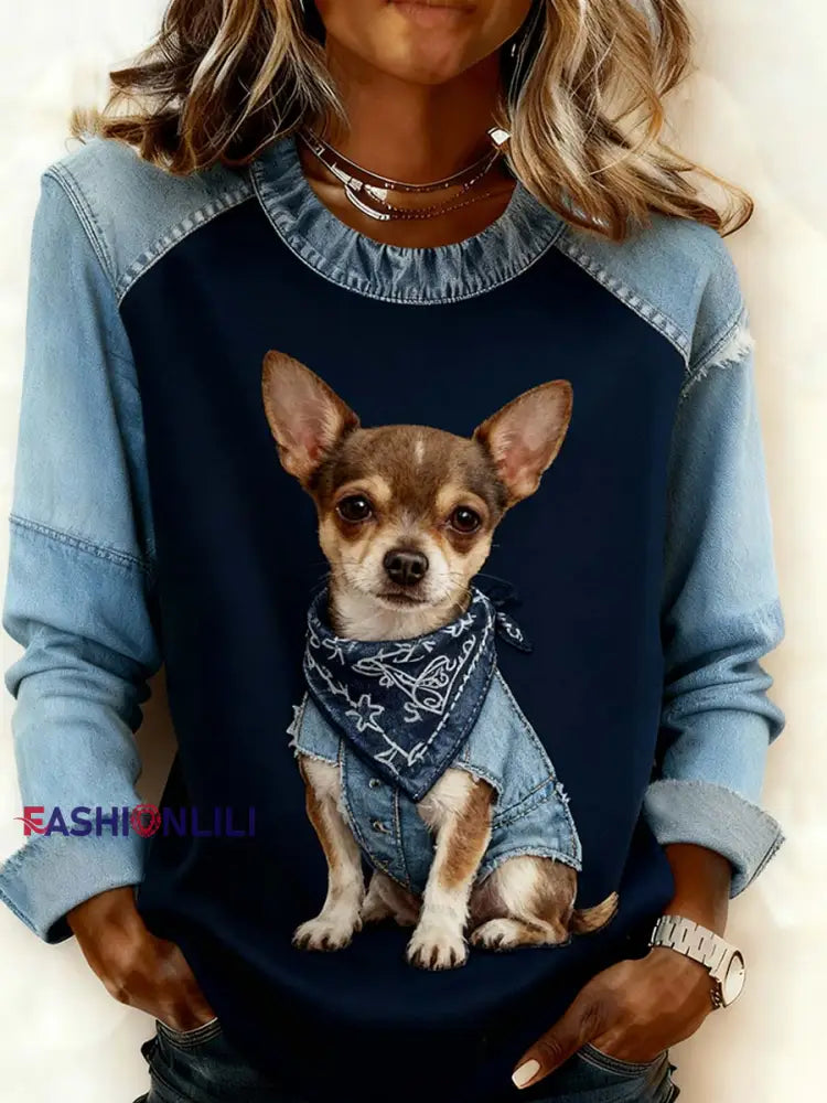 Women’s Retro Animal Art Print Comfortable Denim Patchwork Sweatshirt A / S