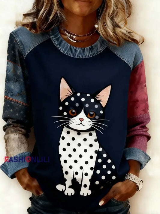 Women’s Retro Animal Art Print Comfortable Denim Patchwork Sweatshirt A / S
