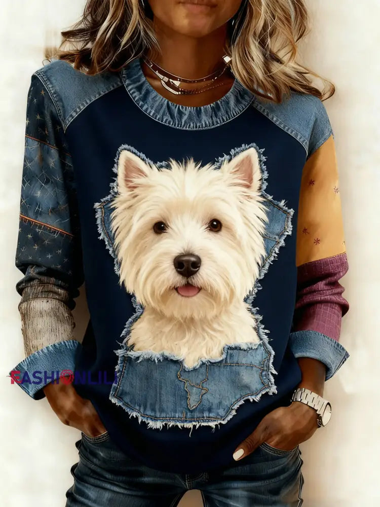 Women’s Retro Animal Art Print Comfortable Denim Patchwork Sweatshirt A / S