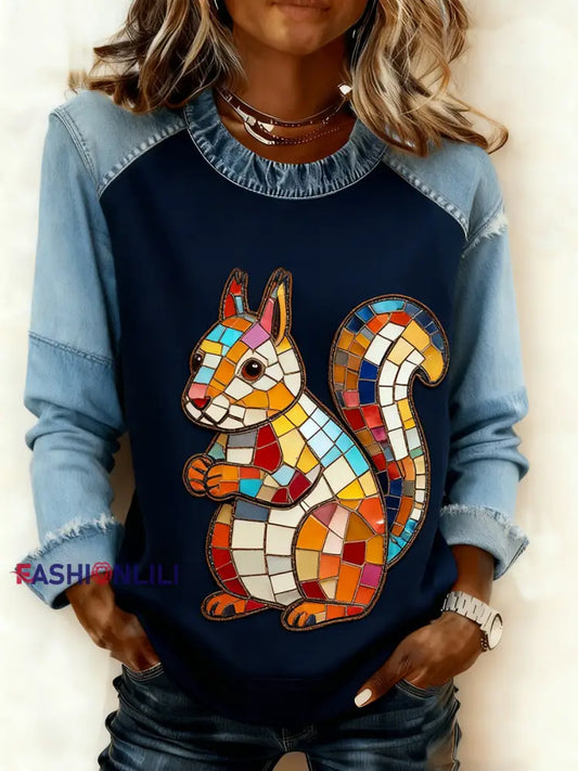 Women’s Retro Animal Art Print Comfortable Denim Patchwork Sweatshirt A / S