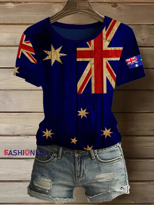 Women’s Retro Australian Flag Print Casual Short Sleeve T-Shirt Blue / S