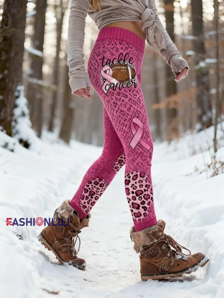 Women’s Retro Breast Cancer Awareness Leopard Print Sports Stretch Leggings Pink / S