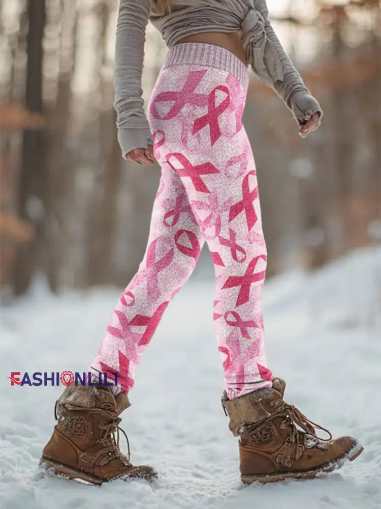 Women’s Retro Breast Cancer Prevention Campaign Print Sports Stretch Leggings Pink / S