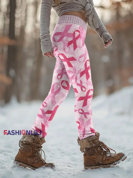 Women’s Retro Breast Cancer Prevention Campaign Print Sports Stretch Leggings Pink / S