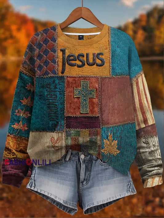 Women’s Retro Casual Faith Cross Art Print Long Sleeve Sweatshirt As picture / S