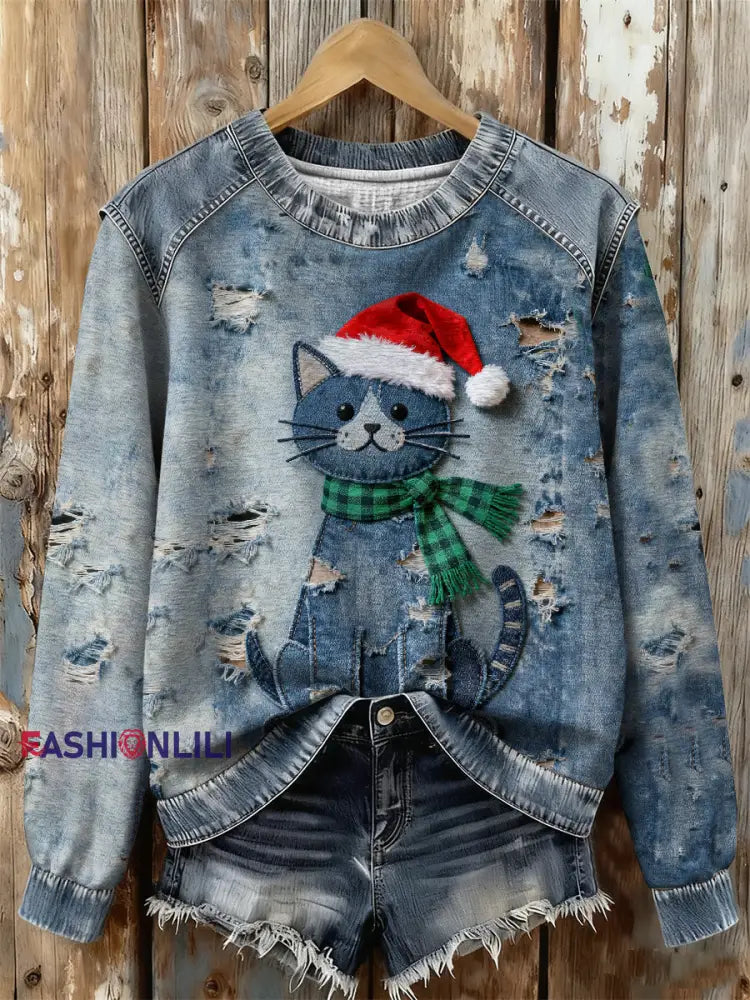 Women’s Retro Christmas Denim Cat Print Sweatshirt As picture / S