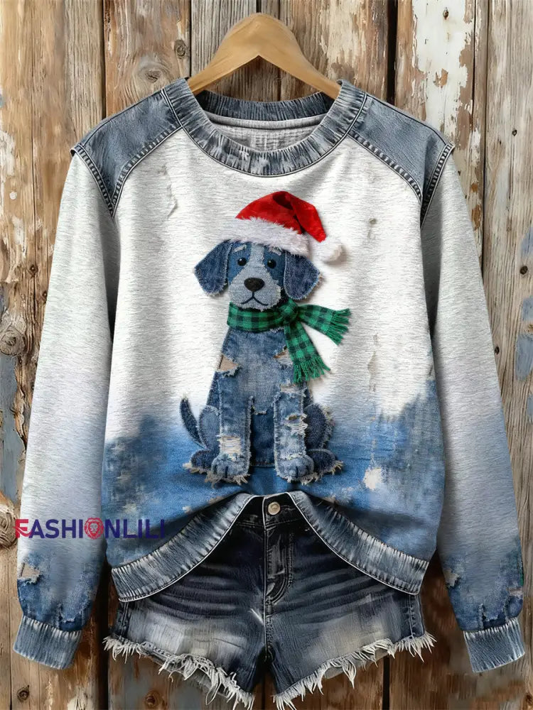 Women’s Retro Christmas Denim Dog Print Sweatshirt As picture / S