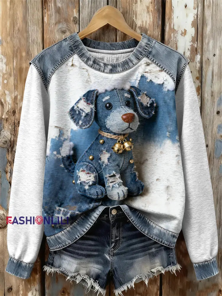 Women’s Retro Christmas Denim Dog Print Sweatshirt As picture / S