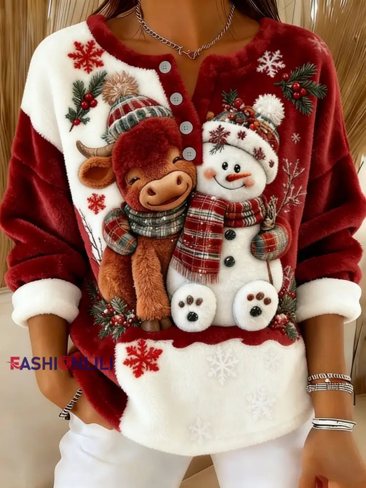 Women’s Retro Christmas Snowflake Highland Cow Snowman Color-Block Print Comfortable Flannel Sweater Red / S