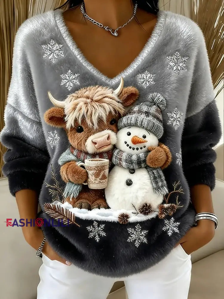 Women’s Retro Christmas Snowflake Highland Cow Snowman Gradient Print Comfortable Flannel Sweatshirt Gray / S