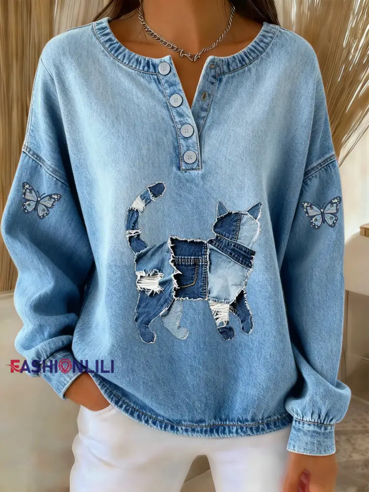 Women’s Retro Cute Butterfly Cat Denim Patchwork Art Print Sweatshirt Blue / S