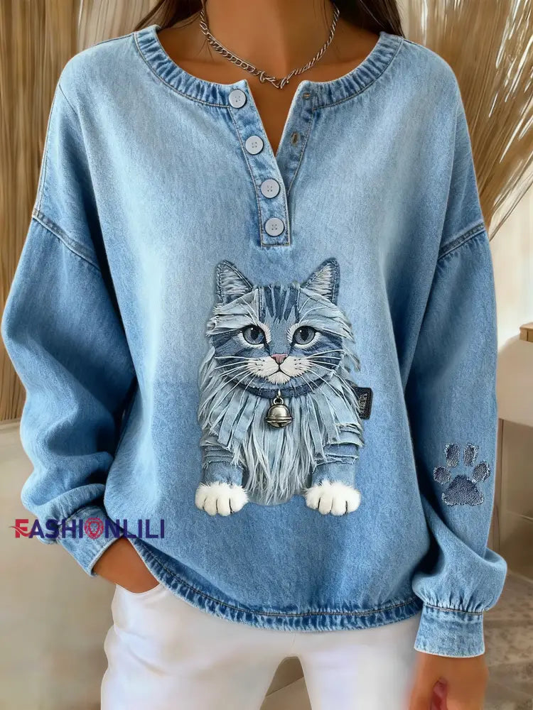 Women’s Retro Cute Cat Denim Patchwork Art Print Sweatshirt Blue / S