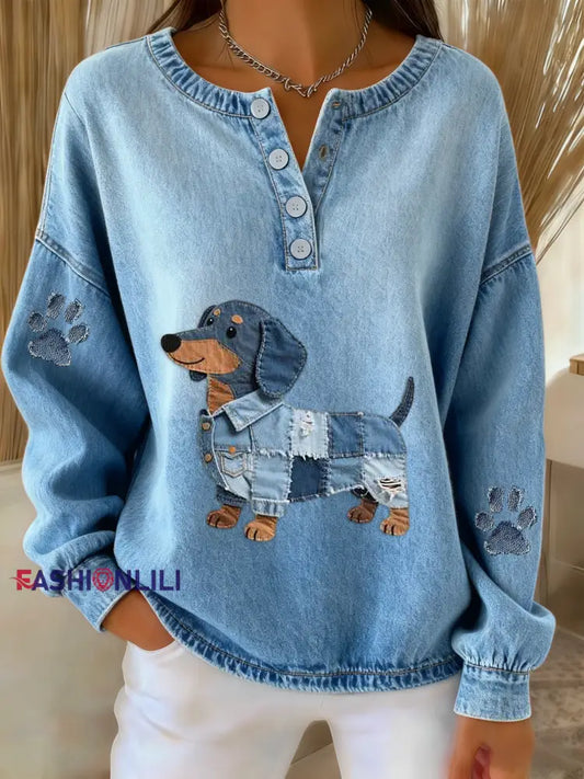 Women’s Retro Cute Dachshund Paw Prints Denim Patchwork Art Print Sweatshirt Blue / S
