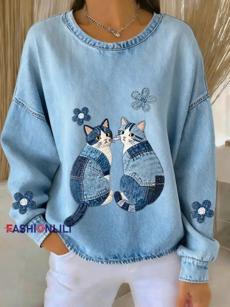 Women’s Retro Cute Floral Cat Denim Patchwork Art Print Sweatshirt Blue / S