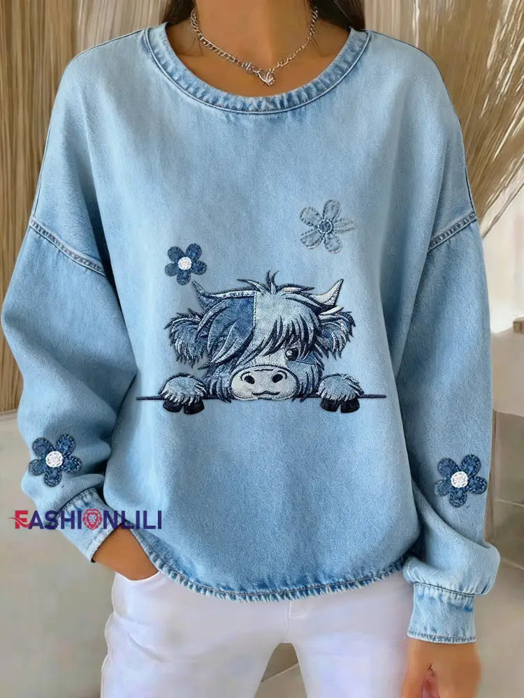 Women’s Retro Cute Floral Highland Cow Denim Patchwork Art Print Hoodie Blue / S