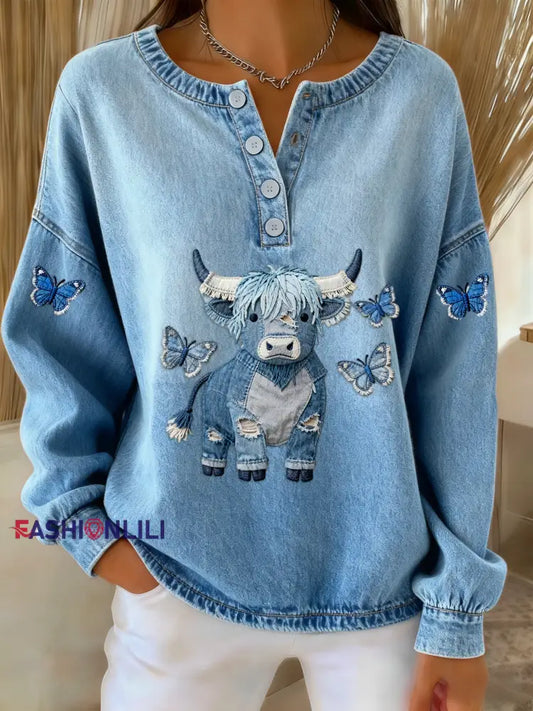 Women’s Retro Cute Highland Cow Denim Patchwork Art Print Sweatshirt Blue / S