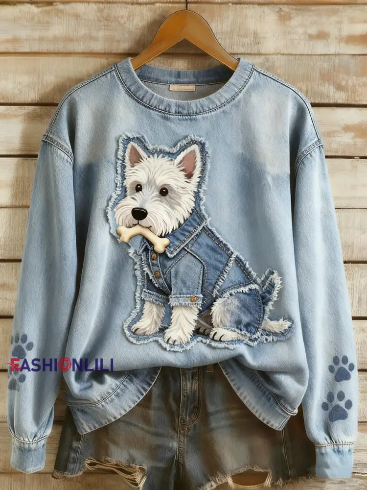 Women’s Retro Denim Patchwork Animal Art Print Casual Comfort Long-Sleeve Sweatshirt A / S