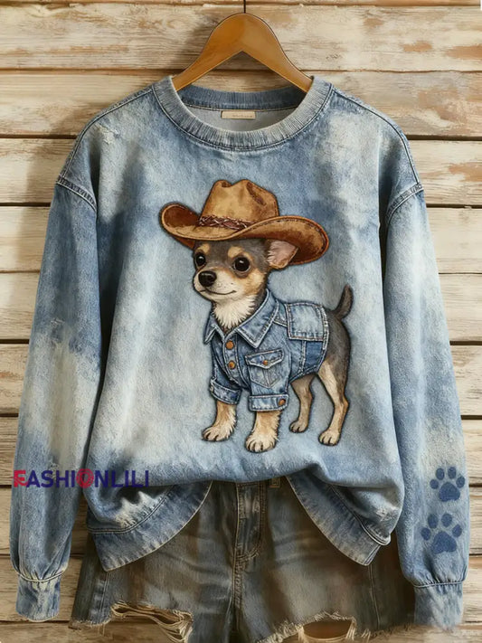 Women’s Retro Denim Patchwork Animal Art Print Casual Comfort Long-Sleeve Sweatshirt A / S
