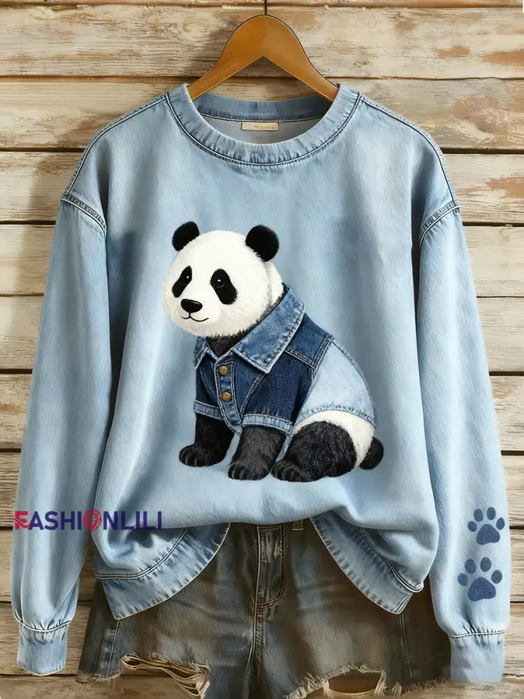 Women’s Retro Denim Patchwork Animal Art Print Casual Comfort Long-Sleeve Sweatshirt A / S