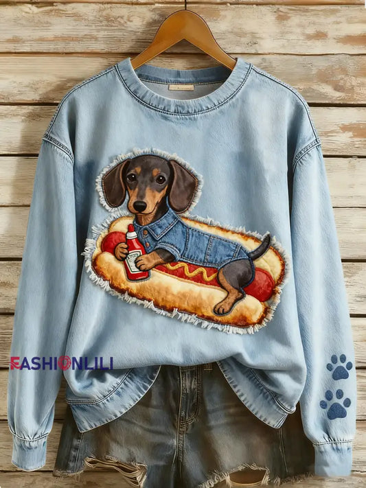 Women’s Retro Denim Patchwork Animal Art Print Casual Comfort Long-Sleeve Sweatshirt A / S