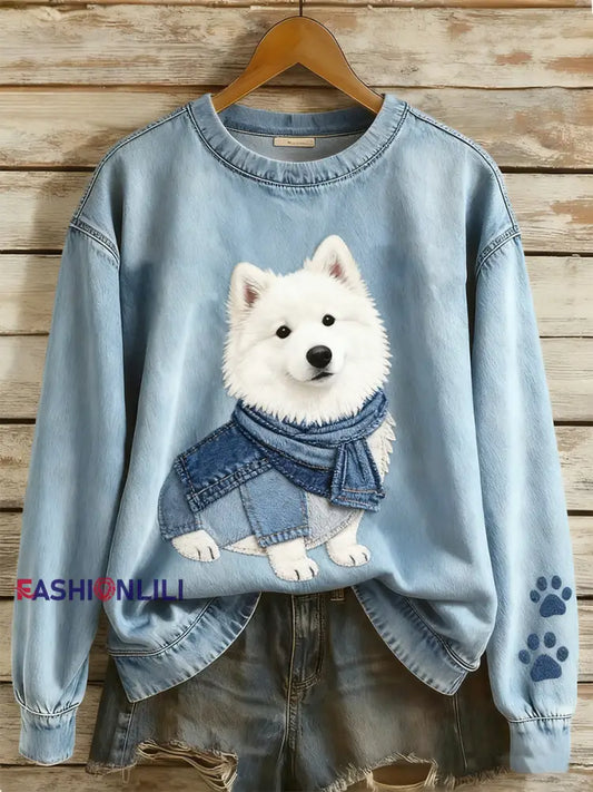 Women’s Retro Denim Patchwork Animal Art Print Casual Comfort Long-Sleeve Sweatshirt A / S