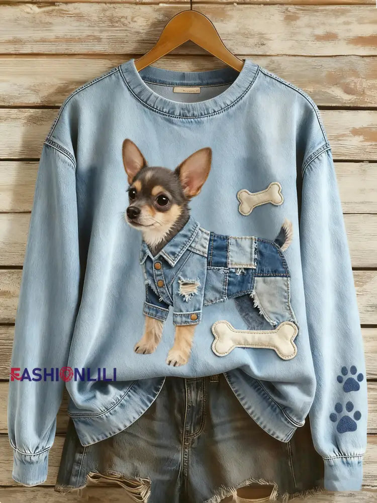 Women’s Retro Denim Patchwork Animal Art Print Casual Comfort Long-Sleeve Sweatshirt A / S