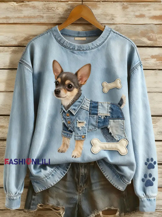 Women’s Retro Denim Patchwork Animal Art Print Casual Comfort Long-Sleeve Sweatshirt A / S