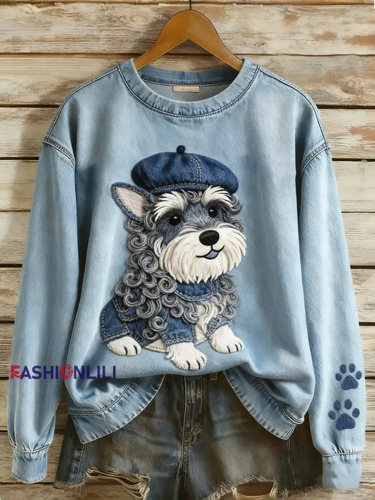 Women’s Retro Denim Patchwork Animal Art Print Casual Comfort Long-Sleeve Sweatshirt A / S