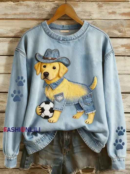 Women’s Retro Denim Patchwork Animal Art Print Casual Comfort Long-Sleeve Sweatshirt A / S