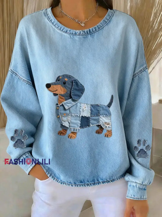 Women’s Retro Denim Patchwork Artwork Short-Haired Dachshund Print Hoodie Blue / S