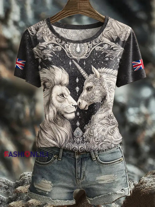 Women’s Retro Lion Unicorn UK Flag Printed T Shirt As picture / S