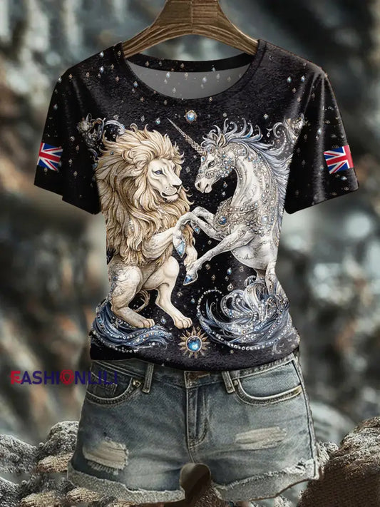 Women’s Retro Lion Unicorn UK Flag Printed T Shirt Black / S