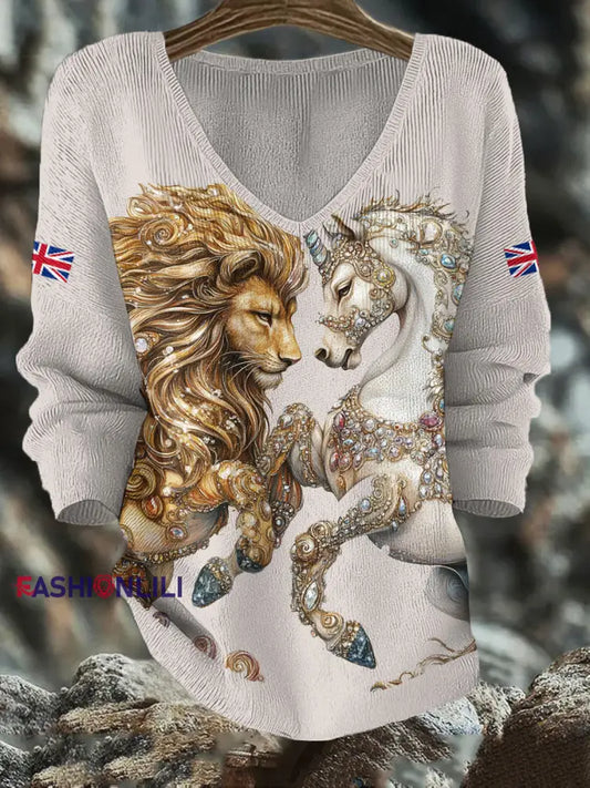 Women’s Retro Lion Unicorn UK Flag Printed Tops Beige / S