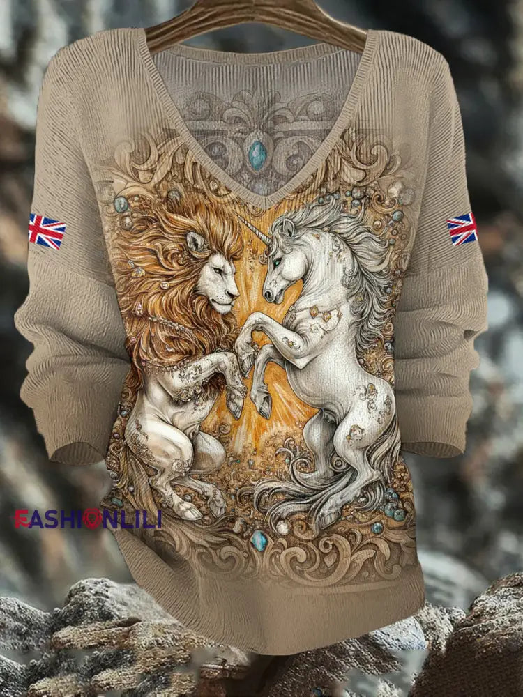 Women’s Retro Lion Unicorn UK Flag Printed Tops Khaki / S