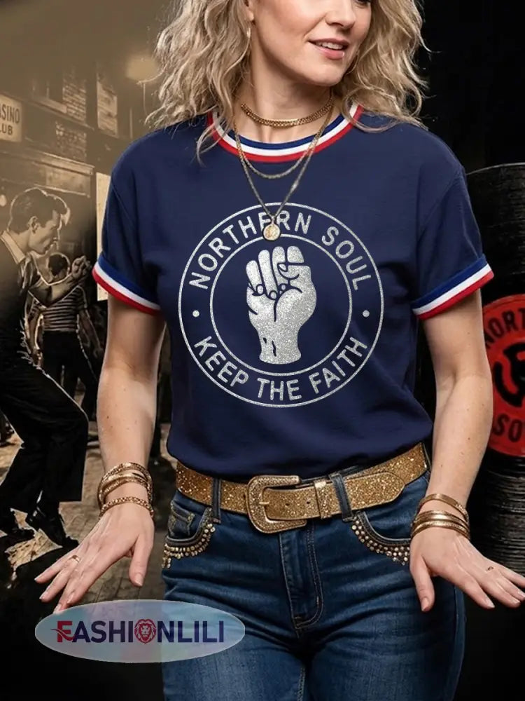 Women’s Retro Northern Soul Keep The Faith Print Casual Tee - Deep Blue / S