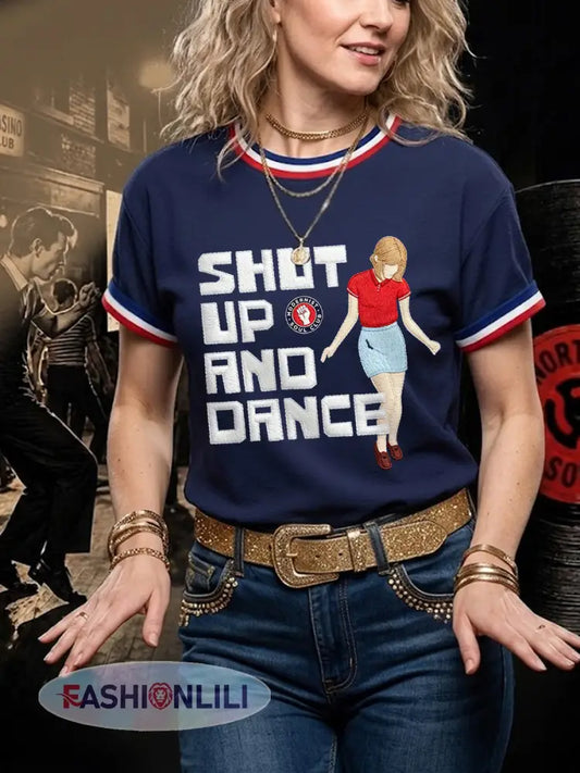 Women’s Retro Northern Soul Shut Up And Dance Print Casual Tee - Deep Blue / S
