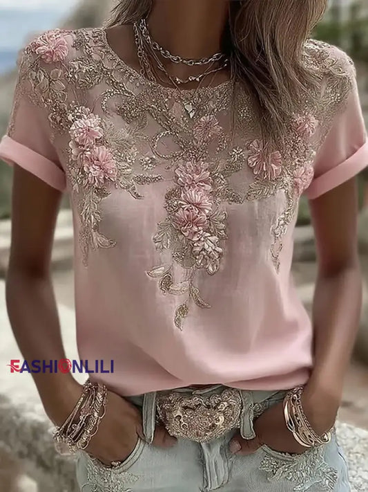 Women’s Retro Pink Rose Art Print Casual T shirt Pink / S